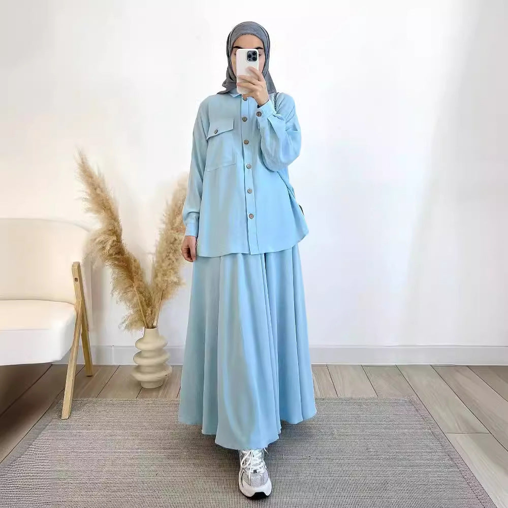 Button-Up Shirt & Flared Maxi Skirt Two-Piece Co-ord Set(MS525)