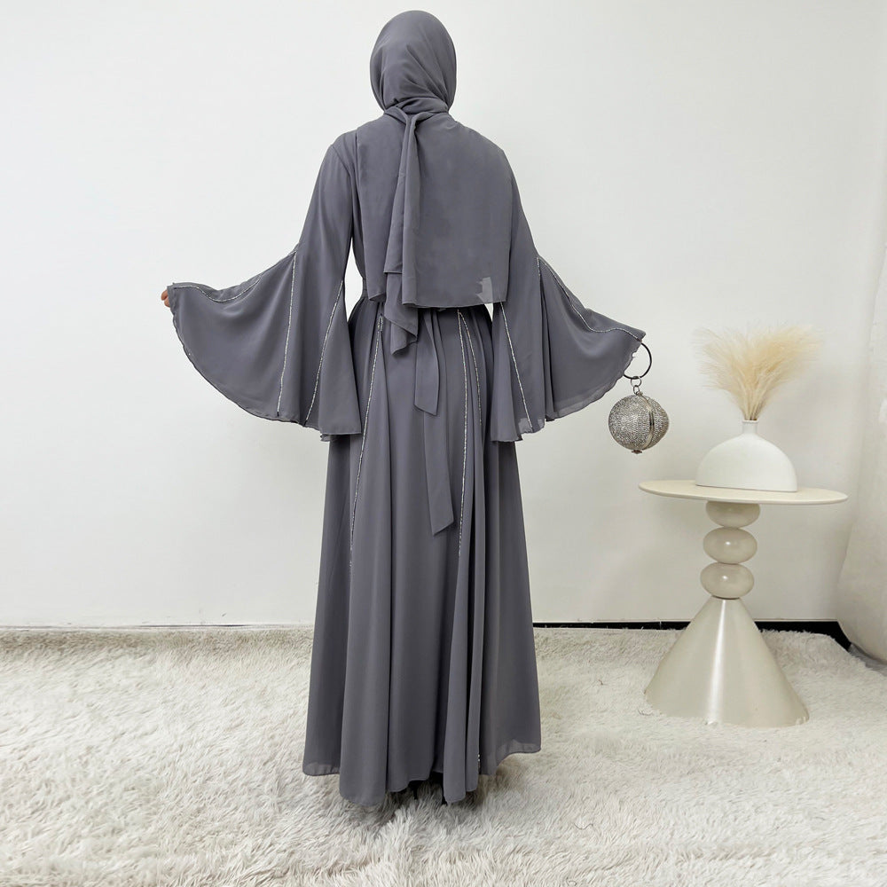 Elegant Chiffon Abaya Set with Hijab | Round Neck Bell Sleeve Maxi Dress with Rhinestone Trim(MA325)
