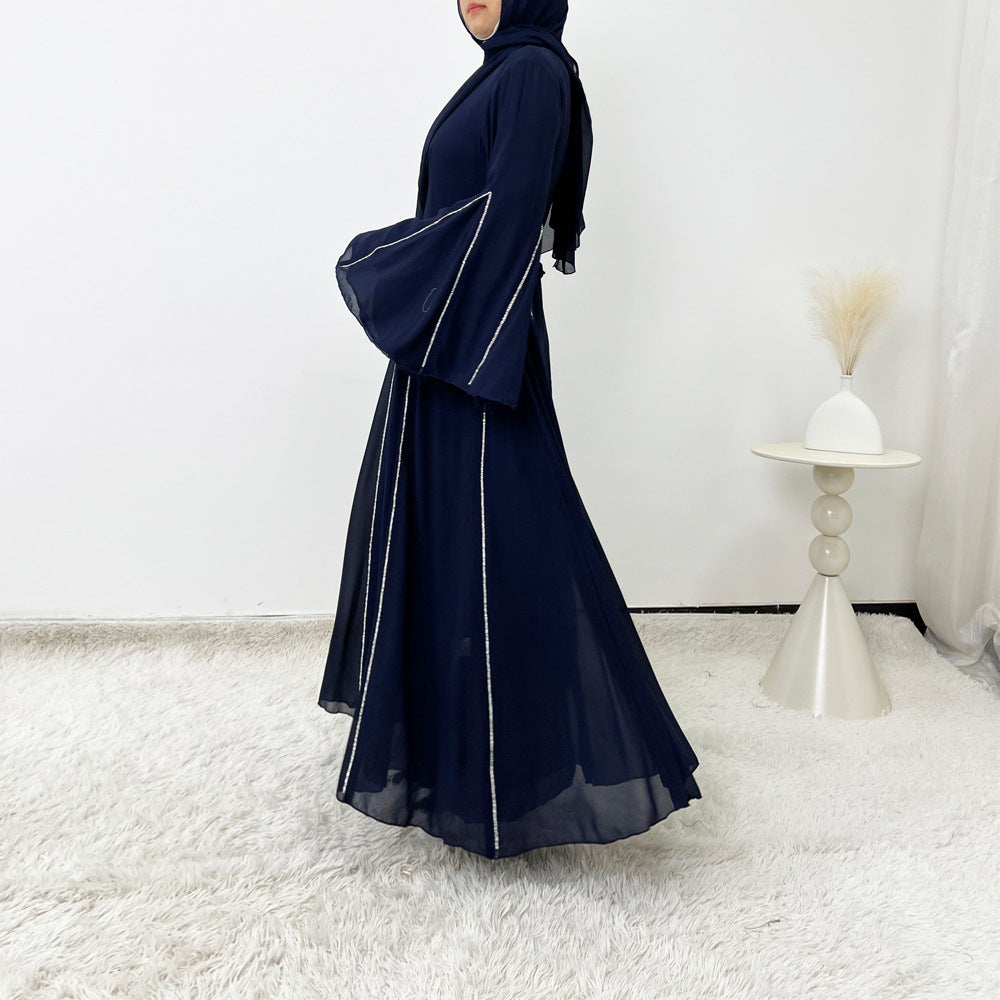 Elegant Chiffon Abaya Set with Hijab | Round Neck Bell Sleeve Maxi Dress with Rhinestone Trim(MA325)