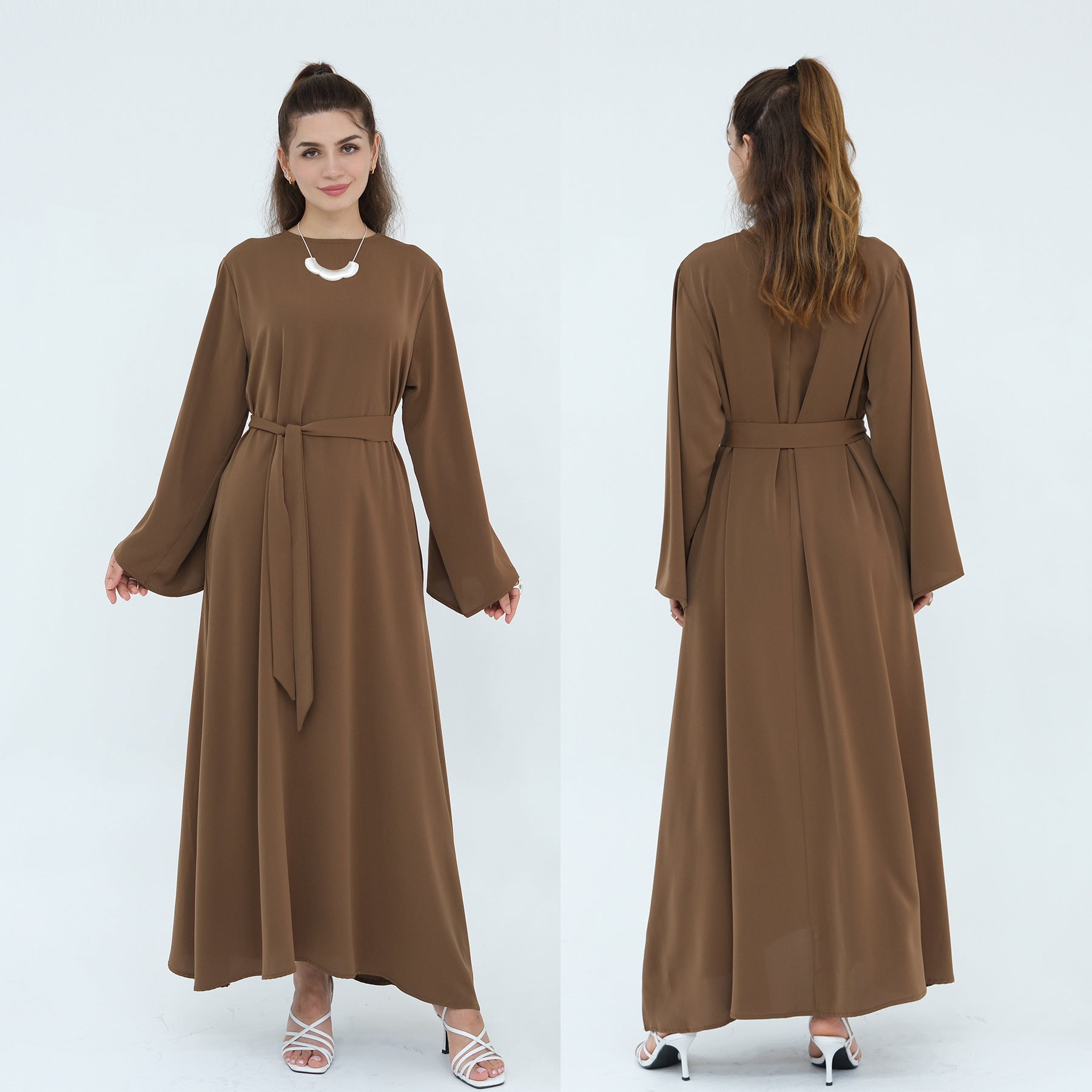 Solid Color Nida Abaya with Belt | A-Line Maxi Dress(MA359)