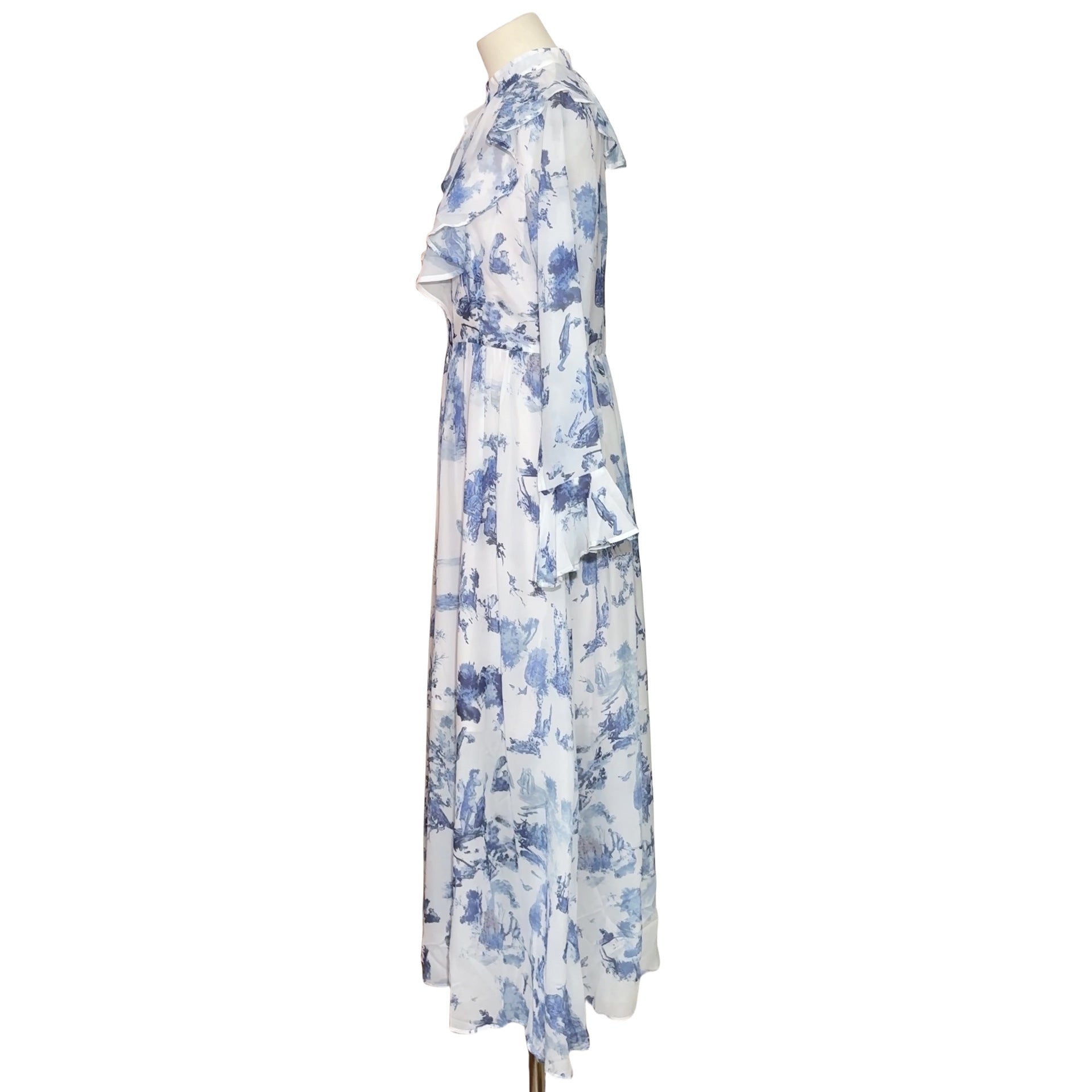 Toile de Jouy Print Ruffle Maxi Dress(MS422)