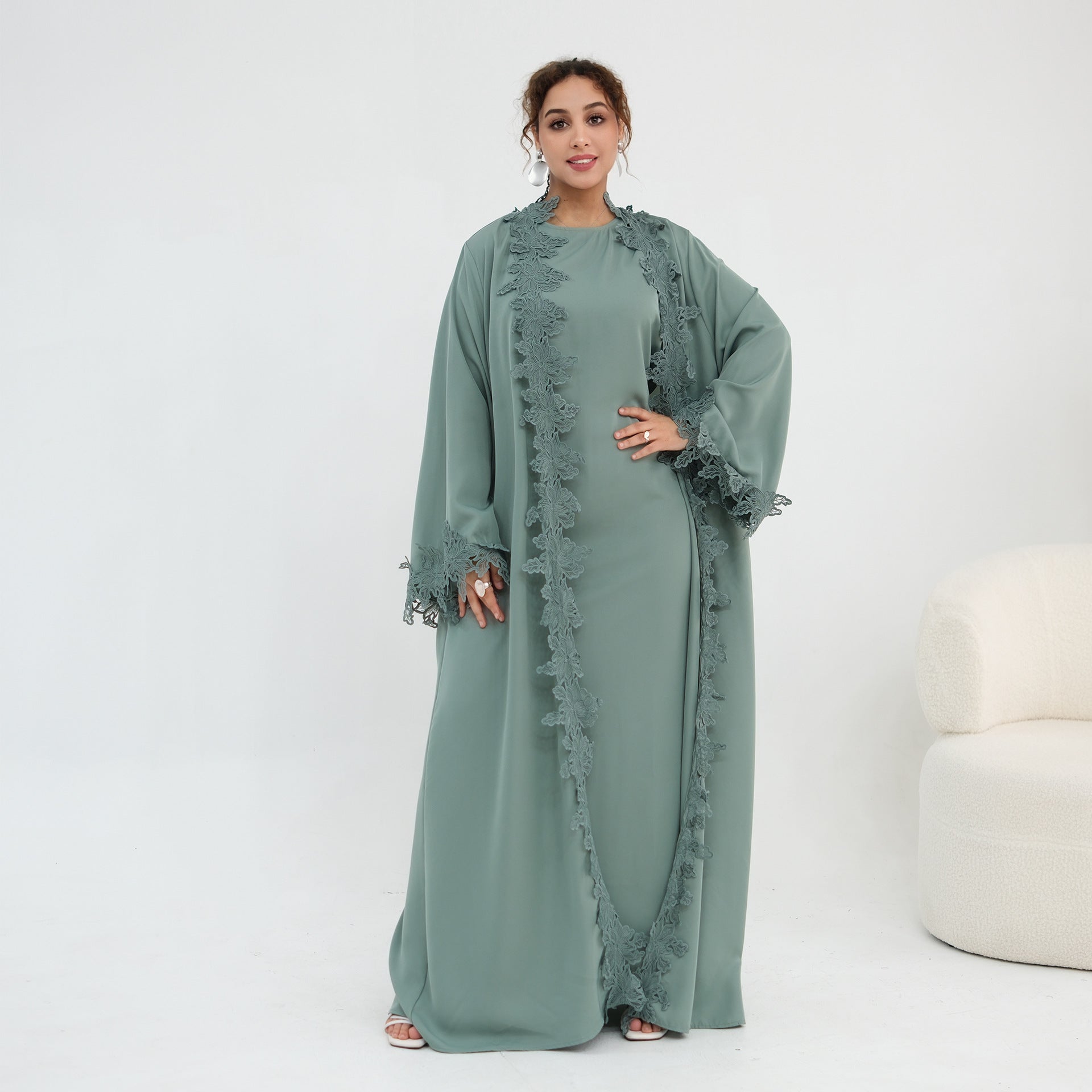 Floral Lace Trim Open Abaya & Sleeveless Inner Dress Set(MOA312)