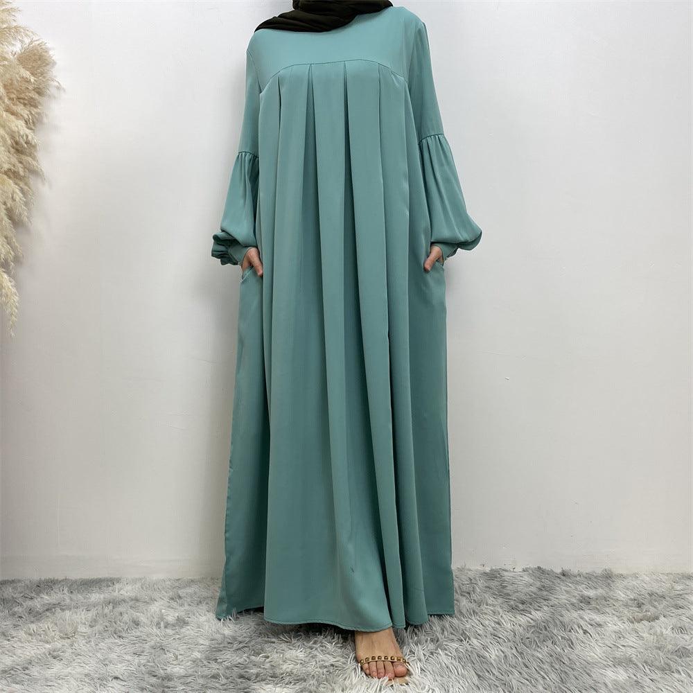 MA061 Round Neck Solid Color Ruffled Abaya With Pockets - Mariam's Collection