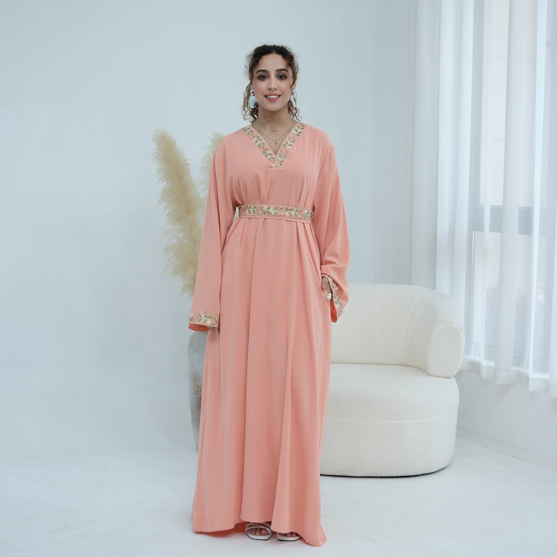 Floral Embroidered V-Neck Nida Maxi Dress(MA448)