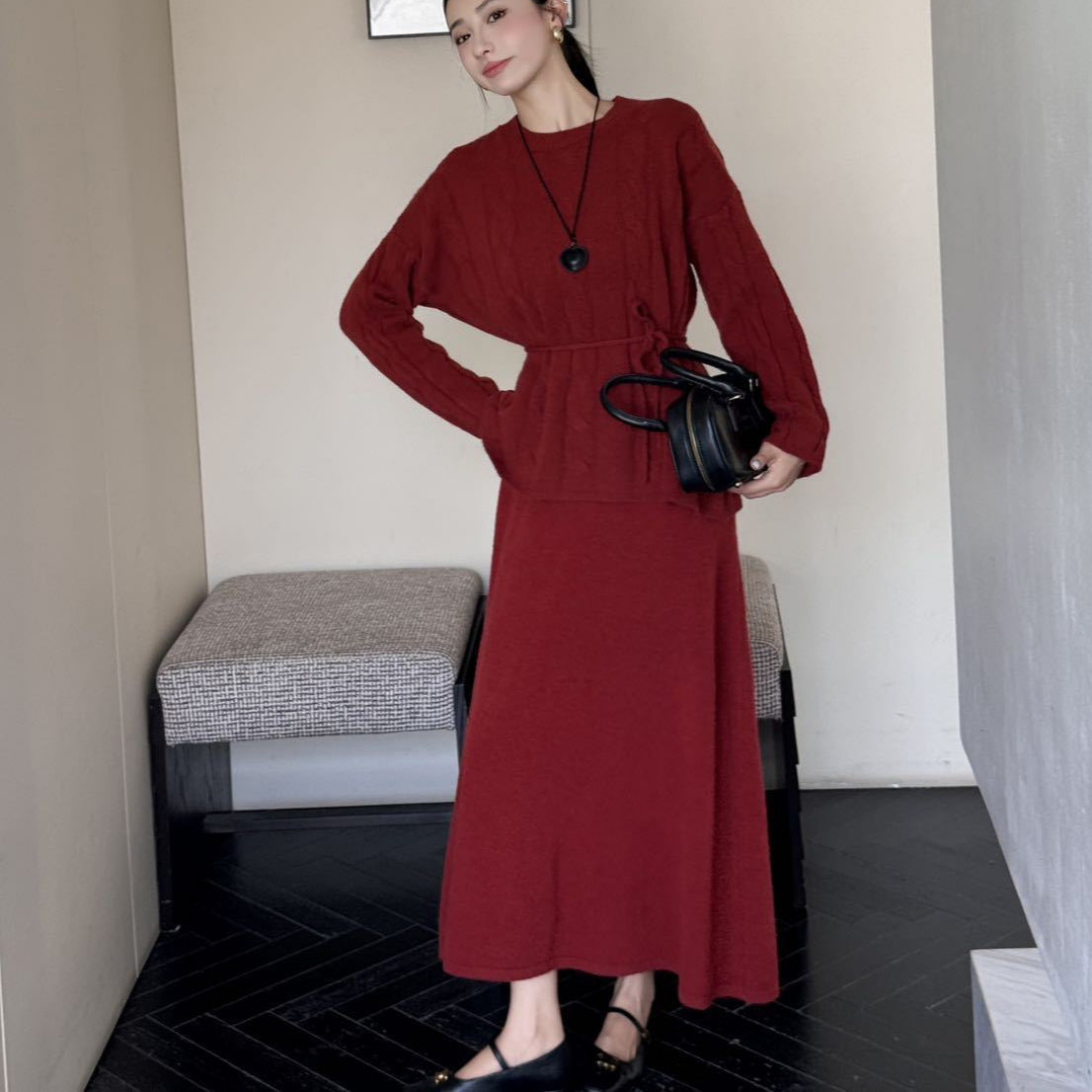 Autumn Winter Cable Knit Two-Piece Set | Round Neck Tie-Waist Sweater & Loose Skirt(MS133)