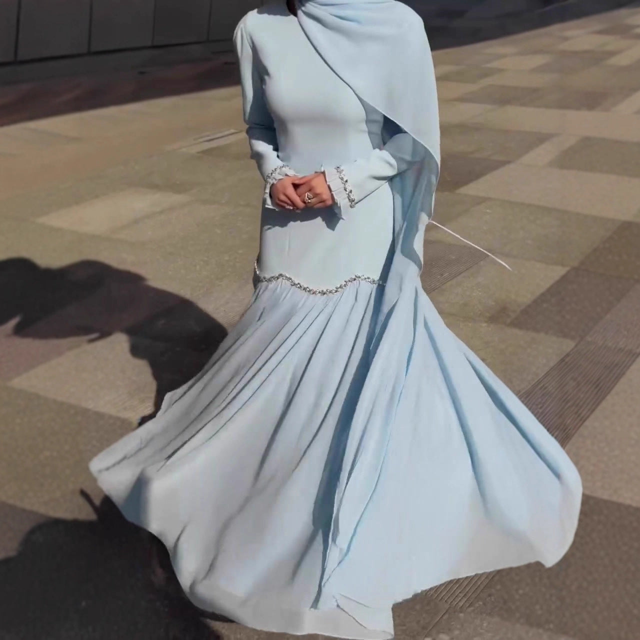 Crystal Waist Chain Dress with Ruffle Cuffs(MS306)