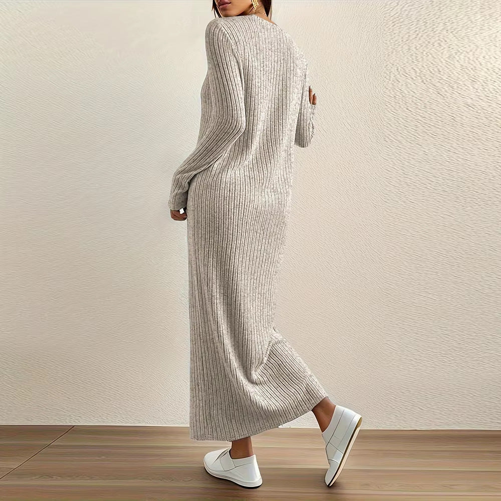 Ribbed Knit Maxi Dress | Long Sleeve Casual Sweater Dress(MS226)