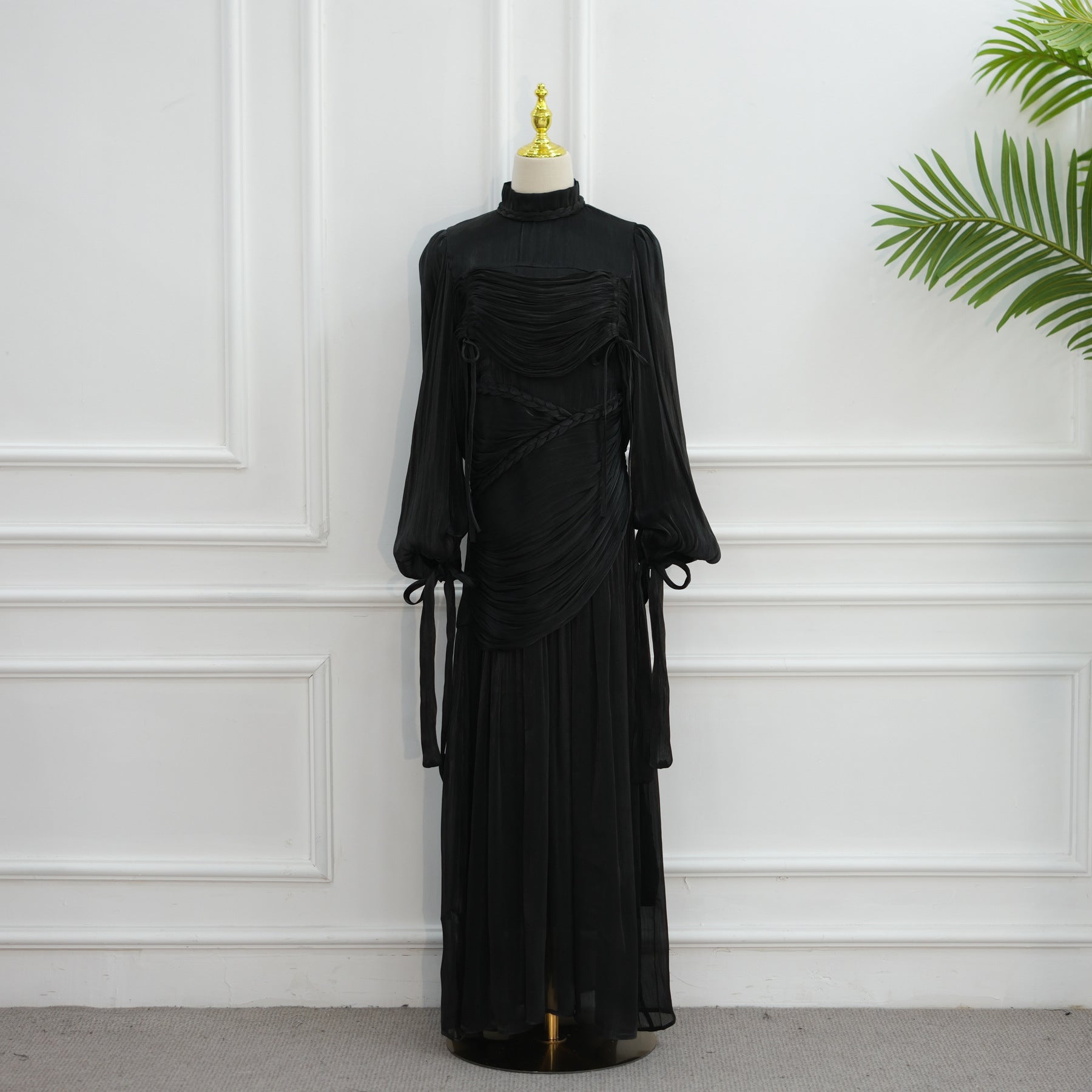 Braided Collar Ruched Fringe Maxi Dress(MS406)