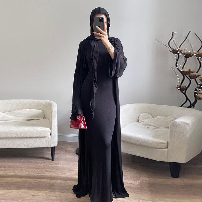Casual Minimalist Three-Piece Set with Hijab | Sleeveless Top Wide Sleeve Cardigan(MS124)
