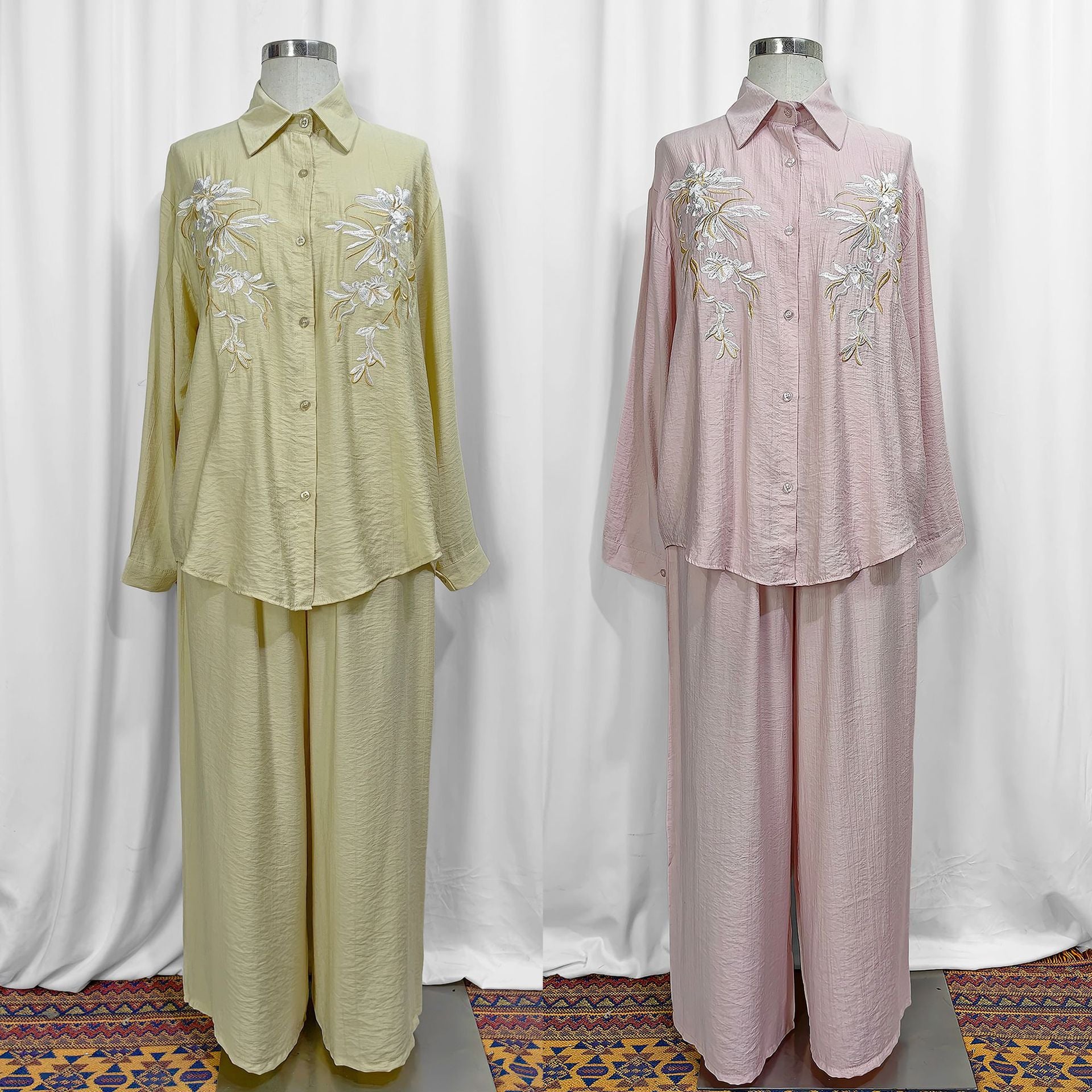 Floral Embroidered Shirt & Wide-Leg Trousers Two-Piece Co-ord Set(MS511)