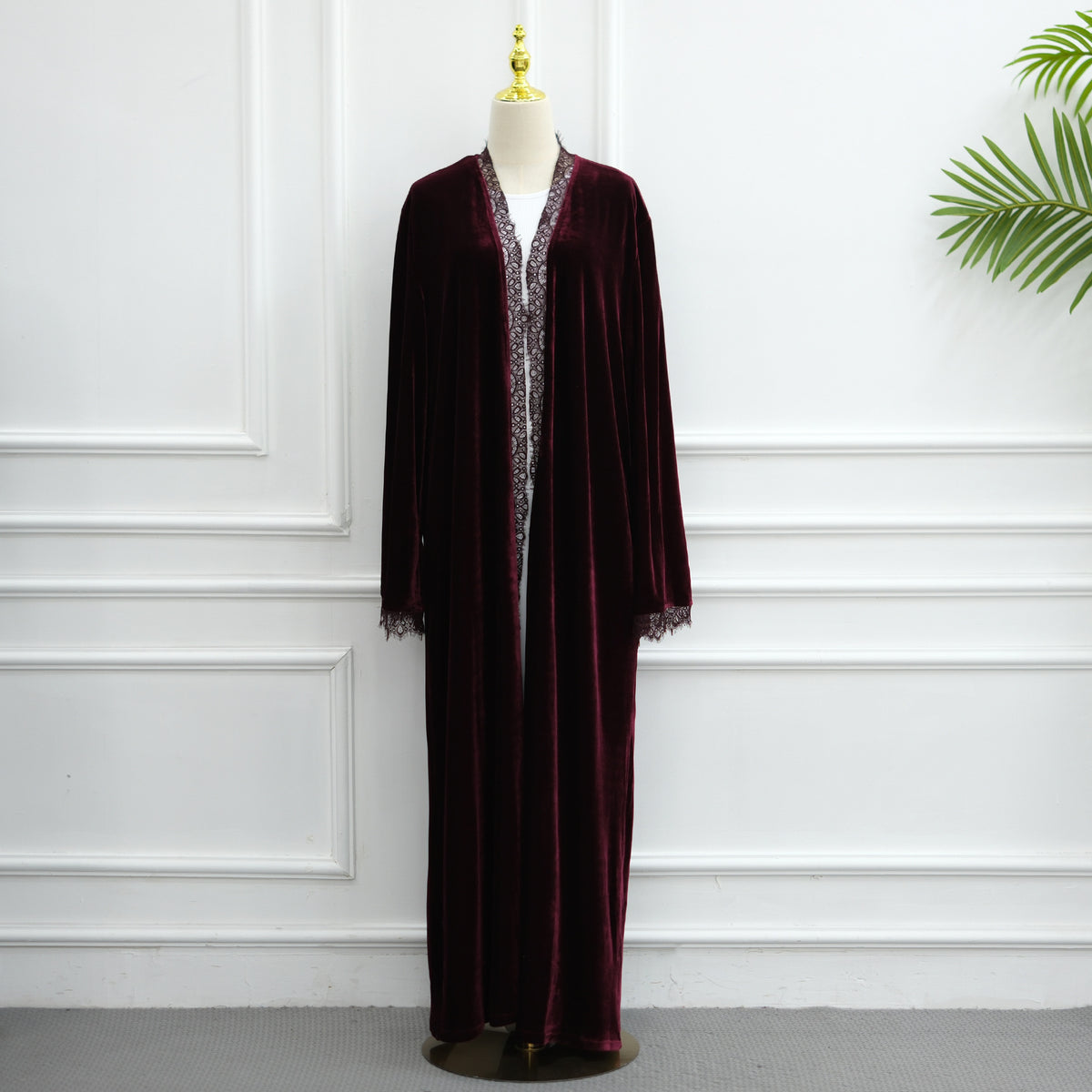 Velvet-Look Lace-Panel Longline Cardigan(MOA352)
