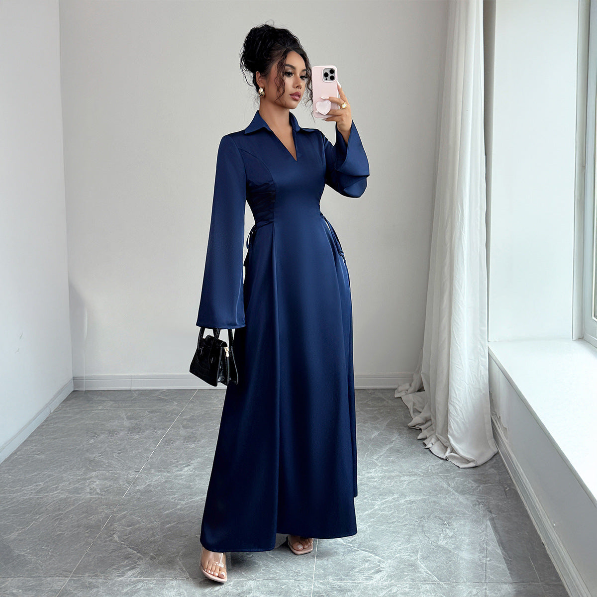 Satin Collar Maxi Dress | Long Bell Sleeve Formal Dress(MS277)