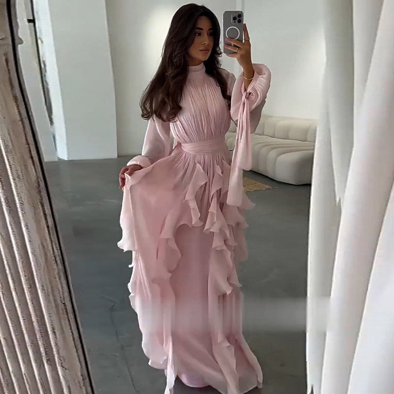 Cascading Ruffle Gown | High Neck Tie-Waist Maxi Dress(MS231)
