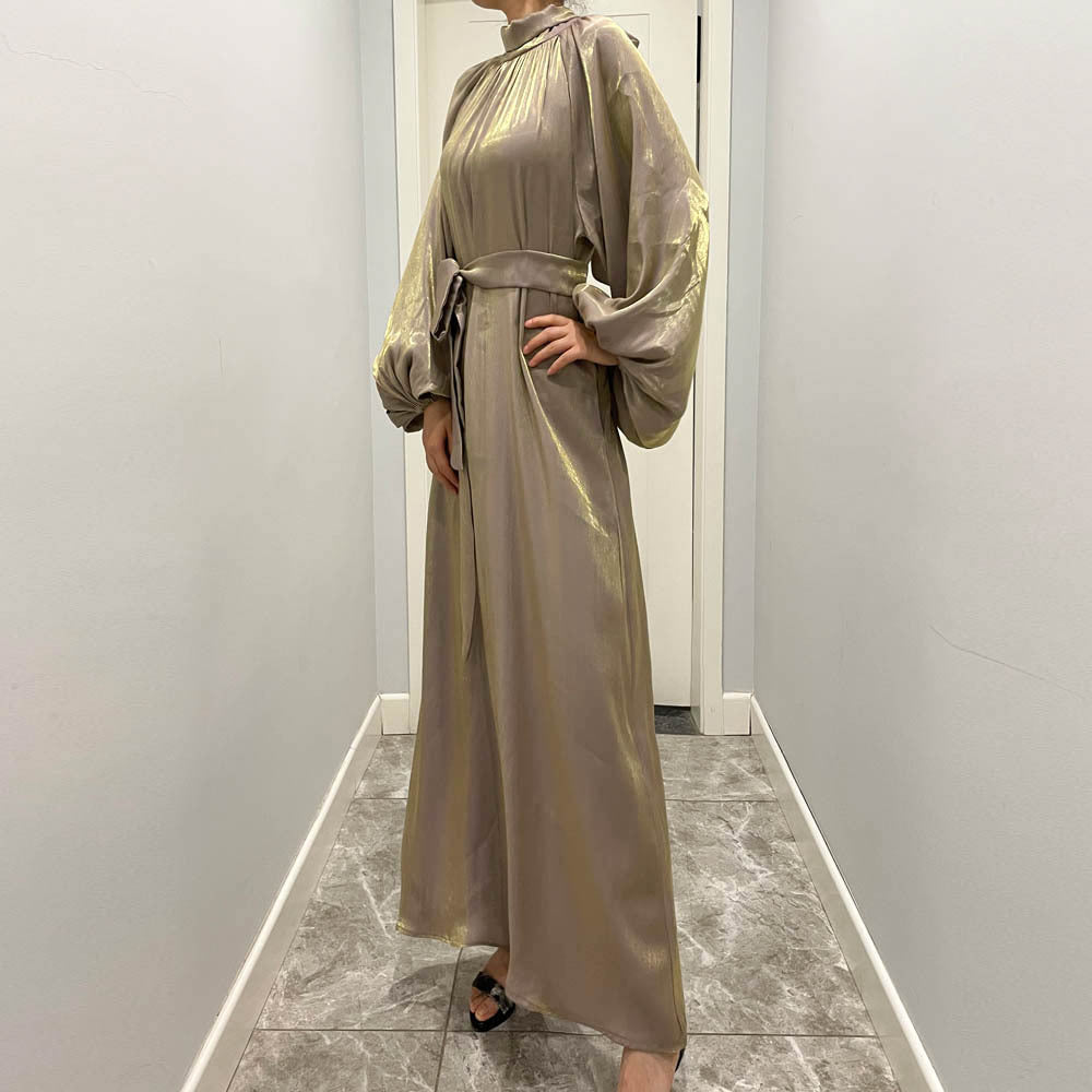 Luxurious Shimmer Abaya with Lantern Sleeves | Stand Collar Back Tie Maxi Dress(MA324)