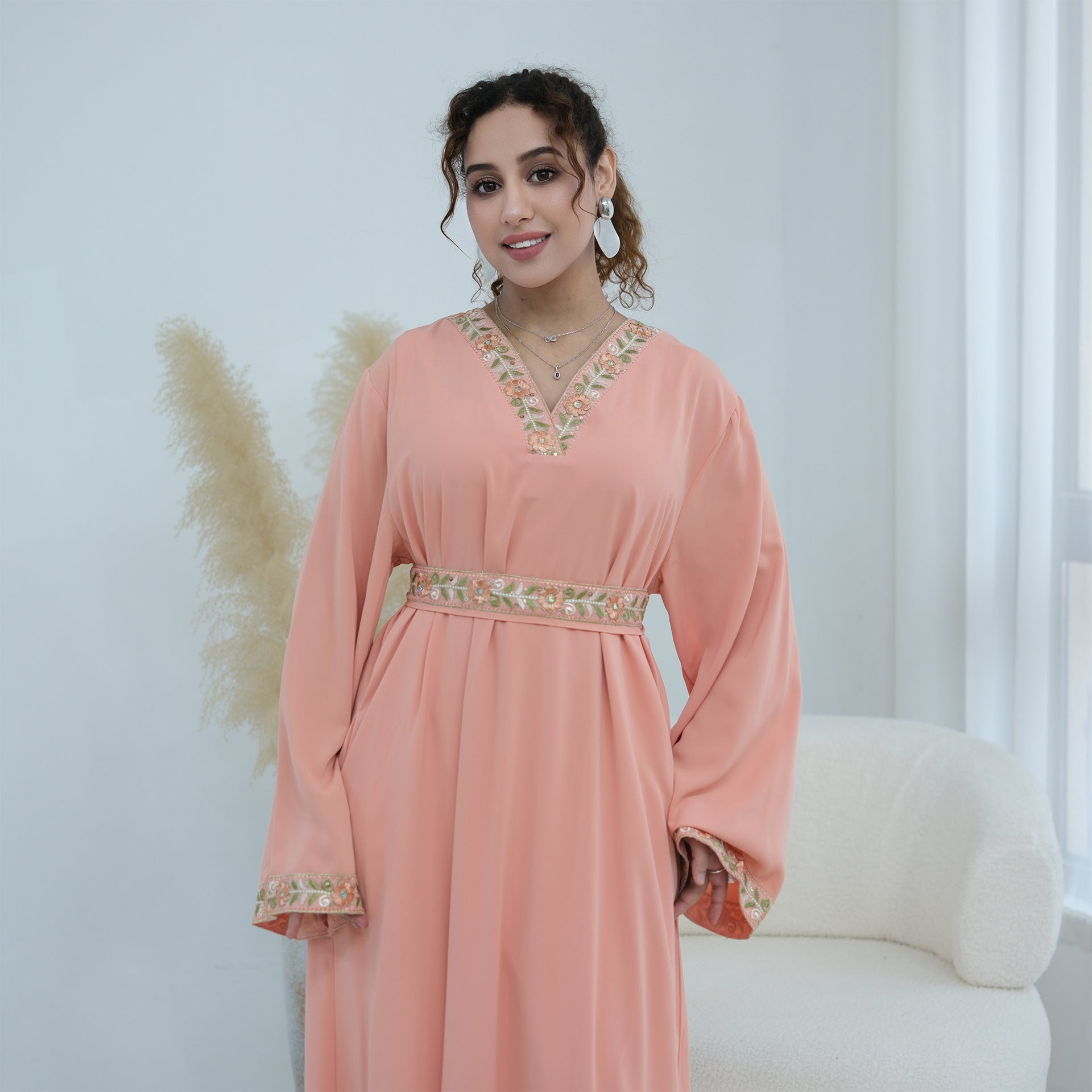 Floral Embroidered V-Neck Nida Maxi Dress(MA448)