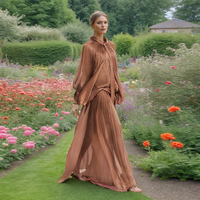 Balloon Sleeve Tie-Neck Maxi Dress(MS303)