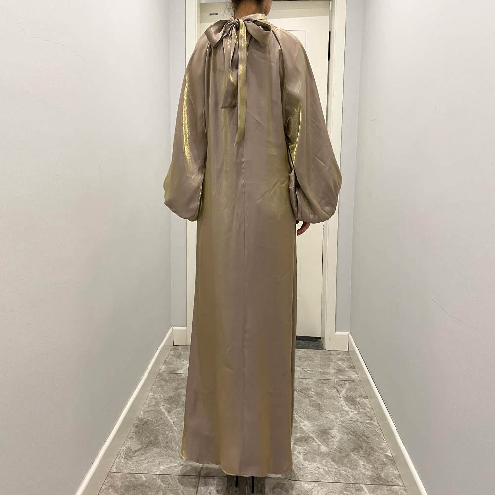 Luxurious Shimmer Abaya with Lantern Sleeves | Stand Collar Back Tie Maxi Dress(MA324)