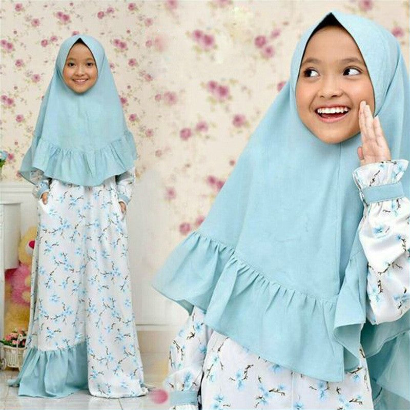 Girls Blue Floral Dress & Khimar Set(MKG027)