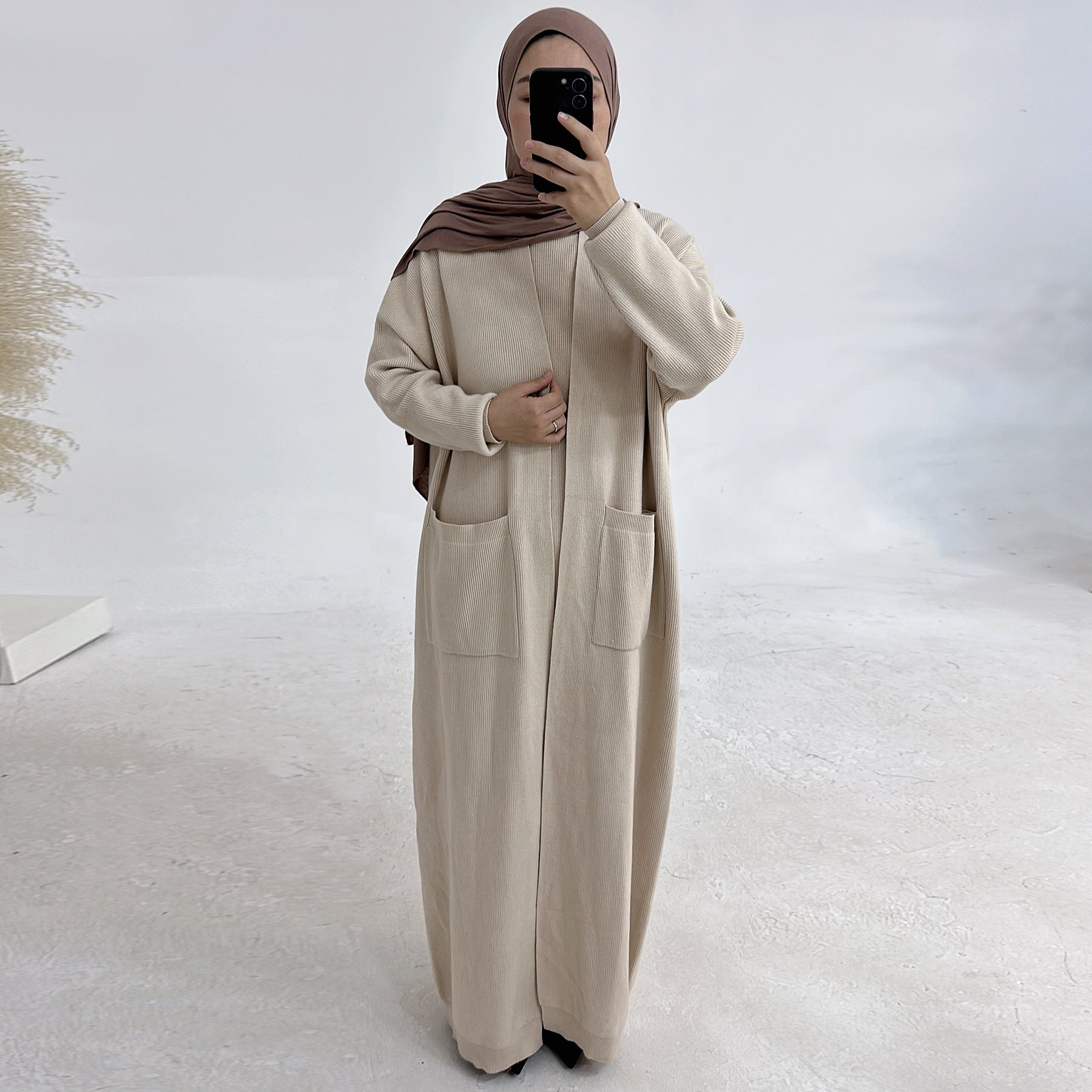 Autumn and Winter Knitted Open Abaya 2-Piece Set with Pockets (MOA103)