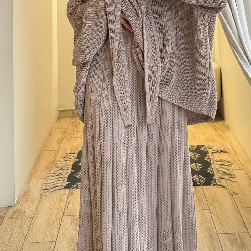 Relaxed Knit Top, Maxi Skirt & Triangle Scarf Set(MS545)