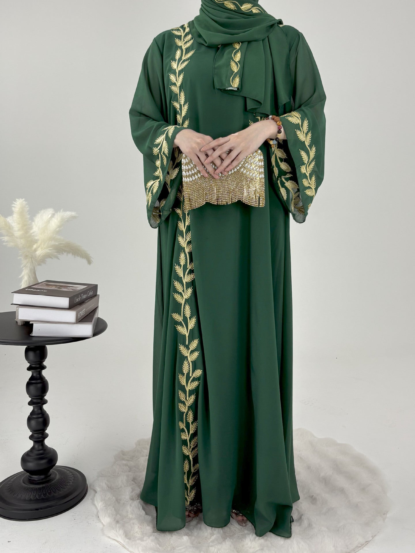Embroidered Chiffon Bell Sleeve Pullover Maxi Dress Abaya with Matching Hijab 2-Piece Set(MA301)