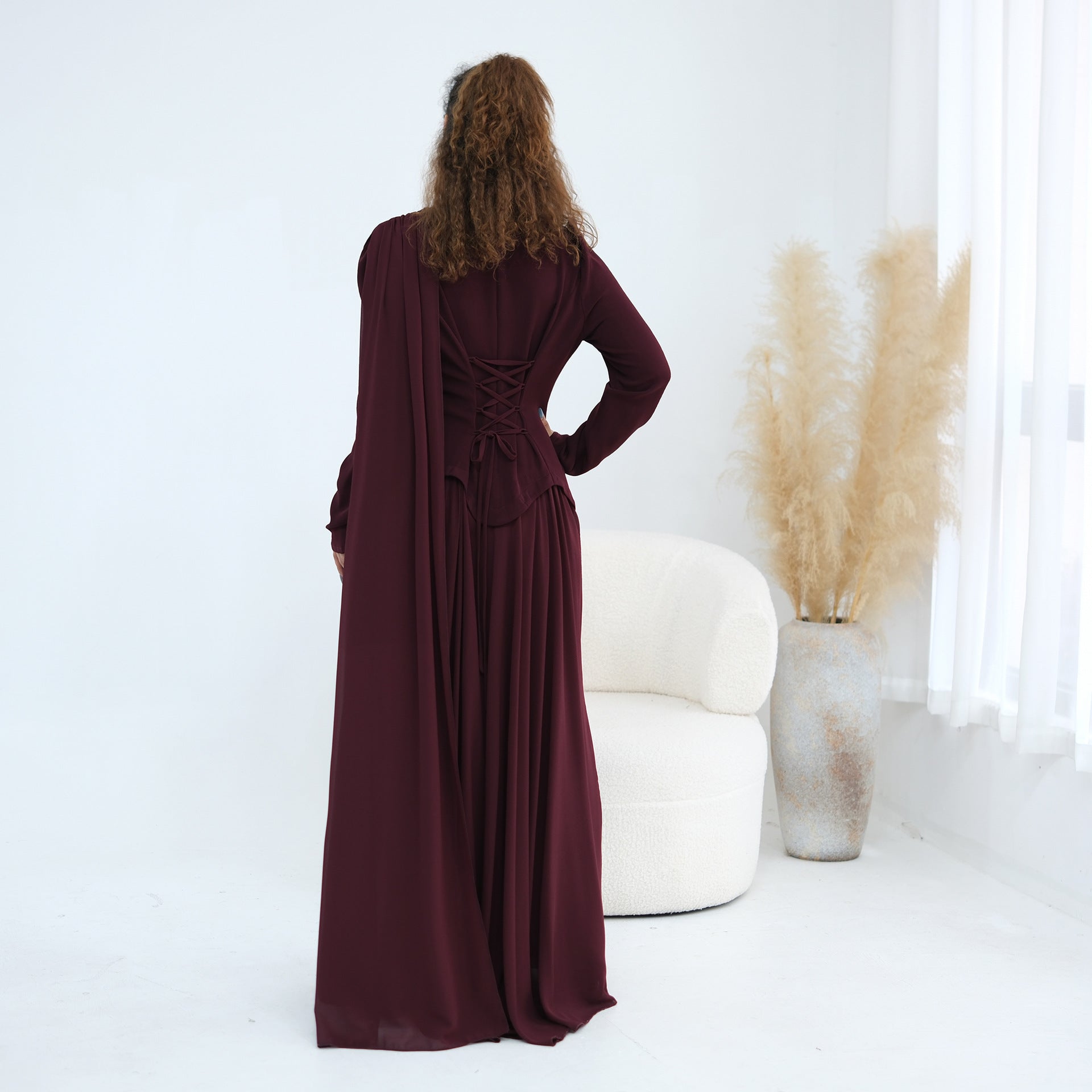 Crystal Beaded Waist Cape Sleeve Maxi Dress(MS499)