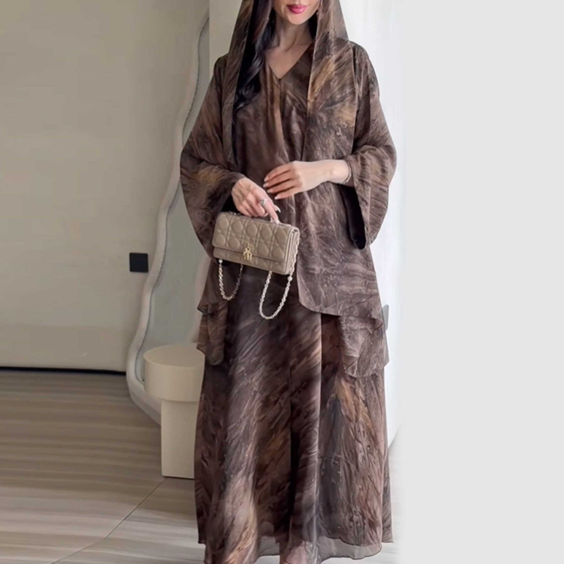 Printed Cardigan Abaya Collection | Modest Luxury Loungewear Feather-Print Robes (MOA194)