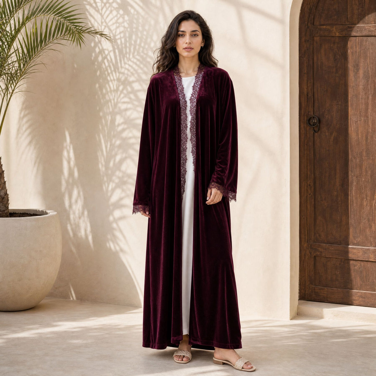 Velvet-Look Lace-Panel Longline Cardigan(MOA352)