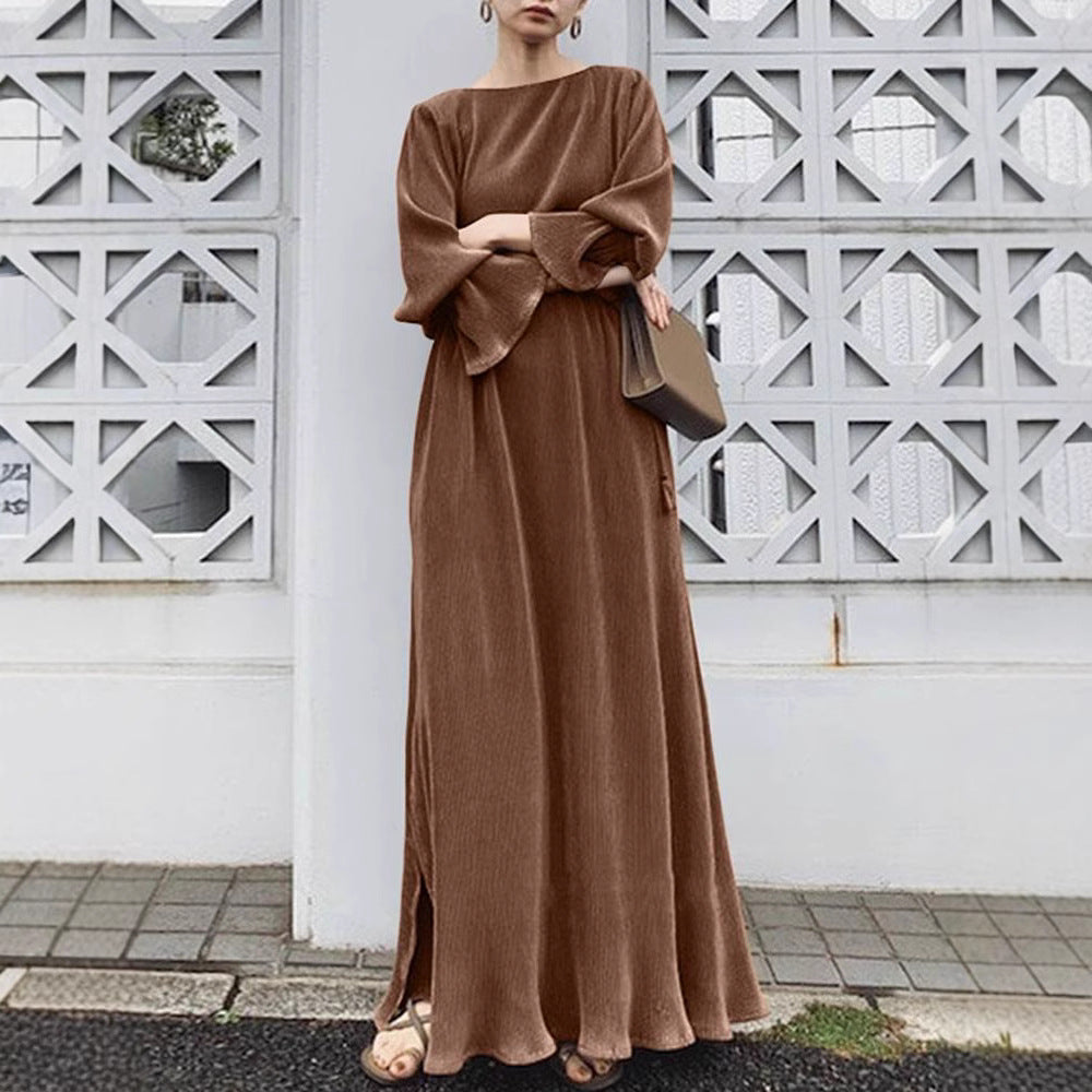 Elegant Vintage Solid Color Maxi Dress | Cinched Waist Long Robe(MA323)