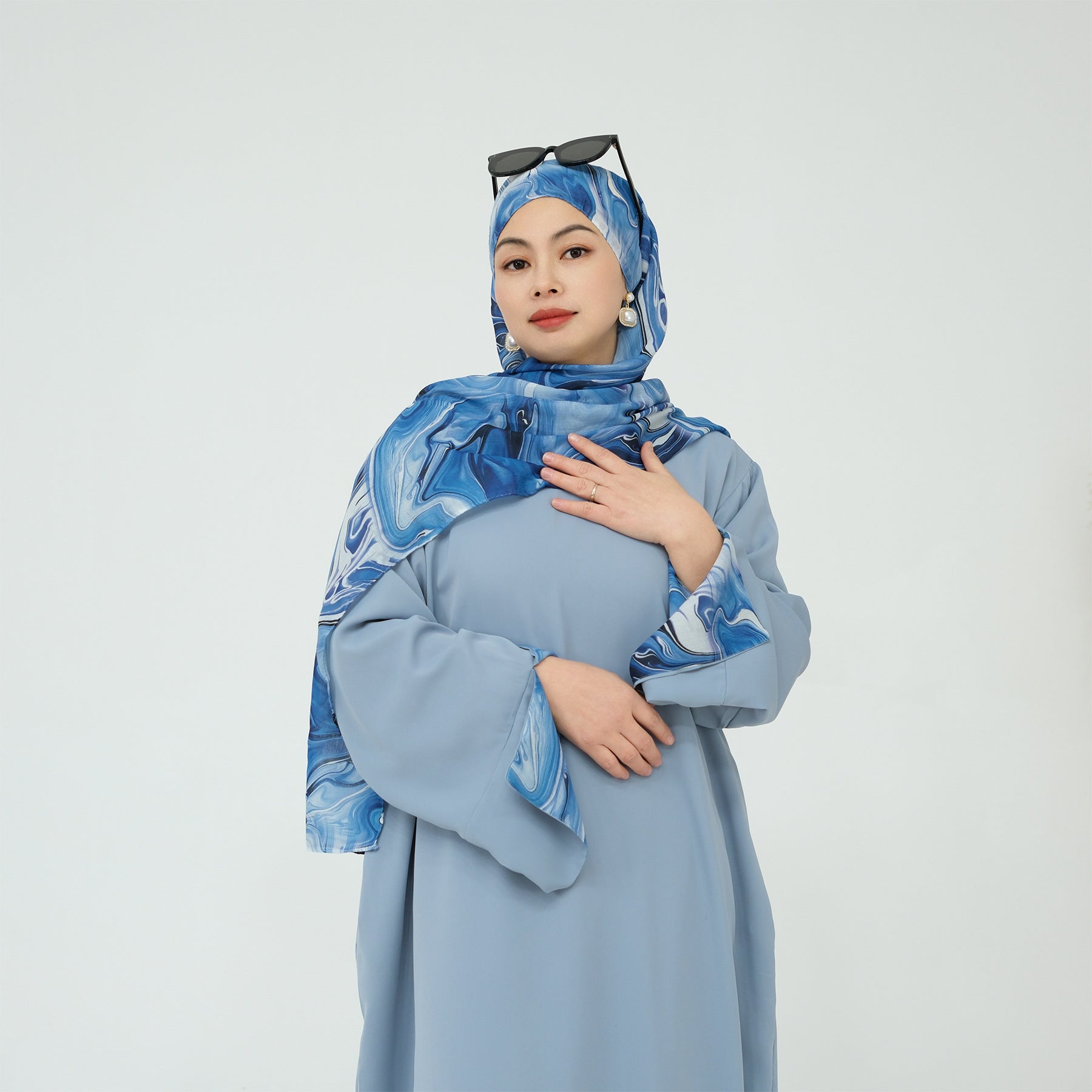 Printed Cuff Nida Abaya & Hijab Set | Relaxed Pocket Maxi Dress(MA360)
