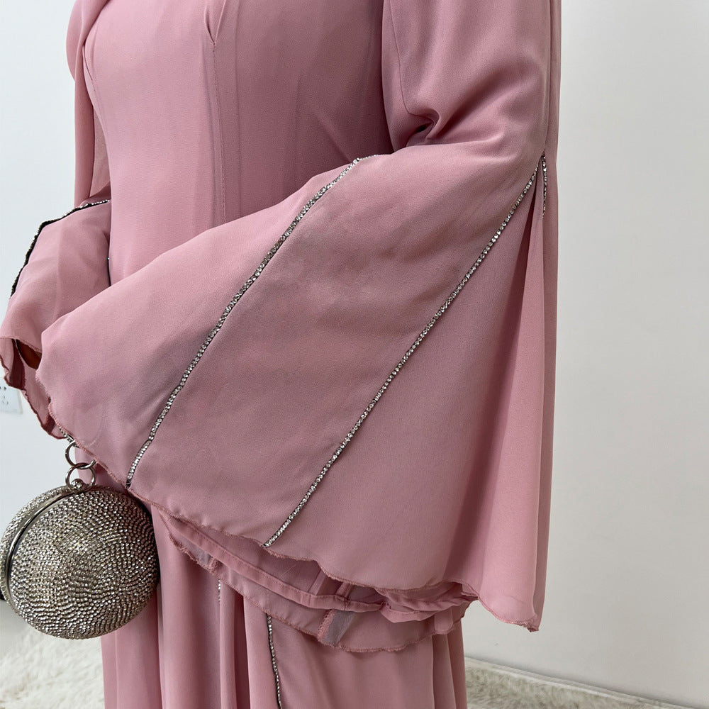 Elegant Chiffon Abaya Set with Hijab | Round Neck Bell Sleeve Maxi Dress with Rhinestone Trim(MA325)