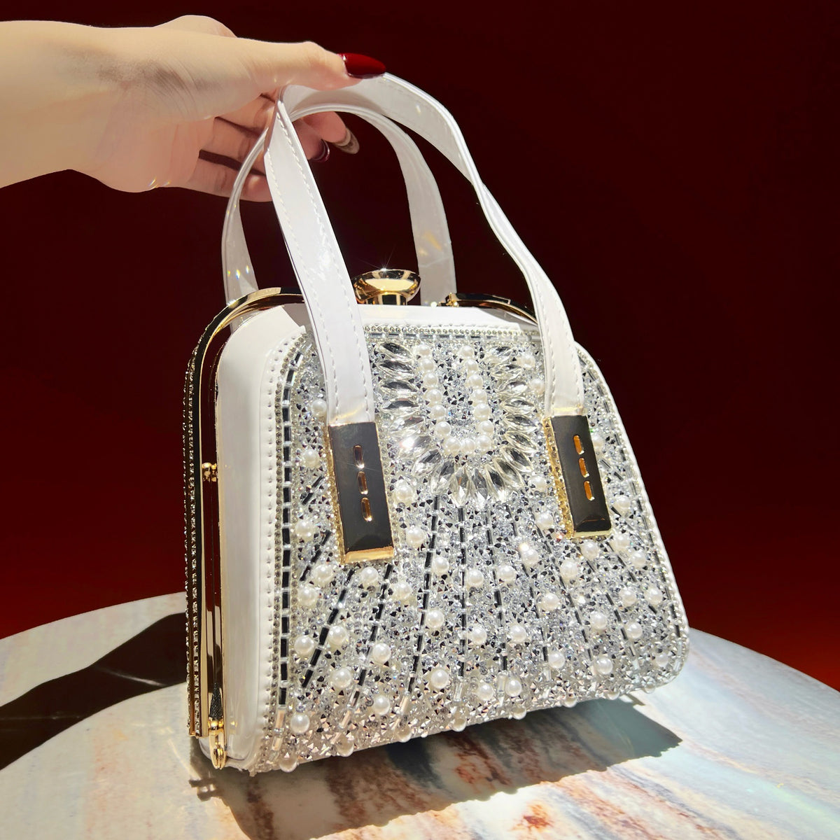 Luxe Pearl & Rhinestone Evening Clutch Bag – Crossbody Handbag with Chain Strap (MAC488)