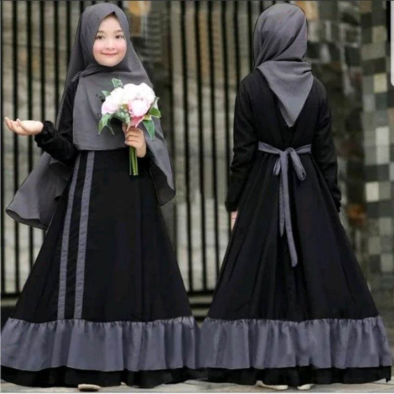 Girls Dress & Hijab Set with Contrast Trim(MKG025)