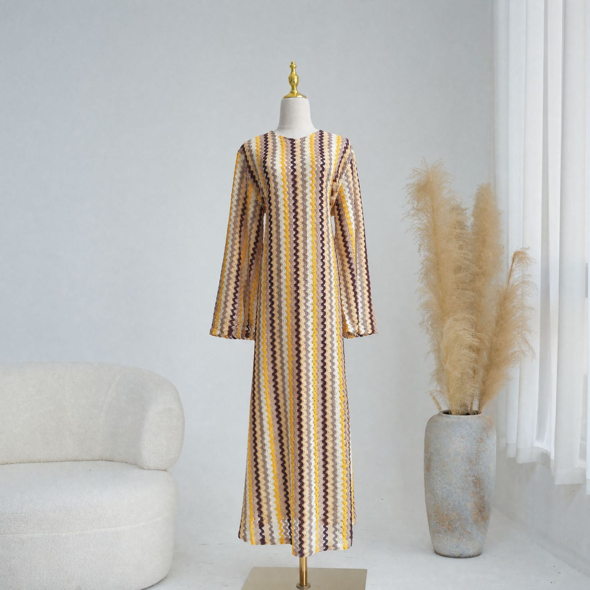 Rainbow Jacquard Flared-Sleeve Maxi Dress(MS486)
