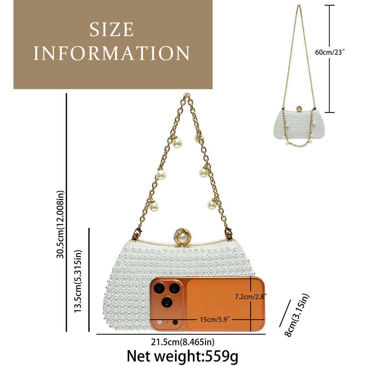 Chic Faux Pearl Evening Clutch Bag - Pearl Chain Strap Top-Handle Purse & Shoulder Crossbody for Parties & Weddings（MAC493）