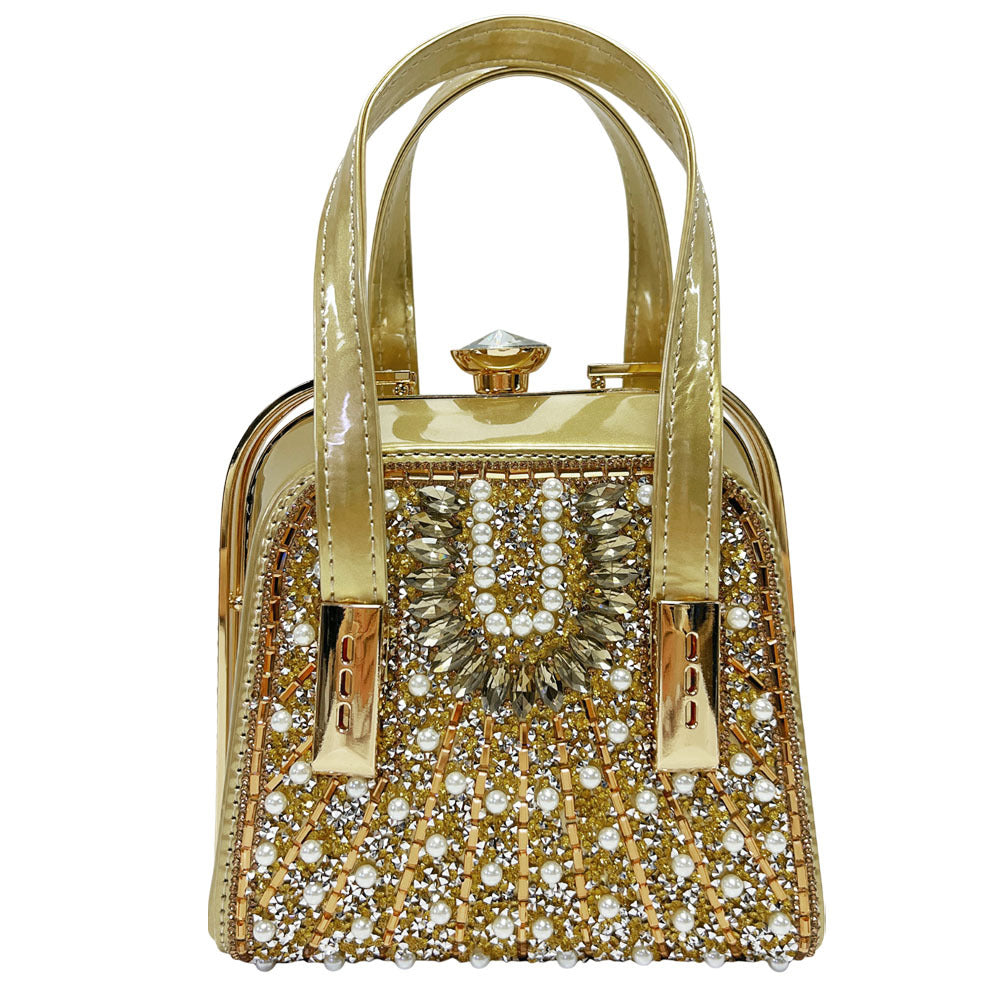 Luxe Pearl & Rhinestone Evening Clutch Bag – Crossbody Handbag with Chain Strap (MAC488)