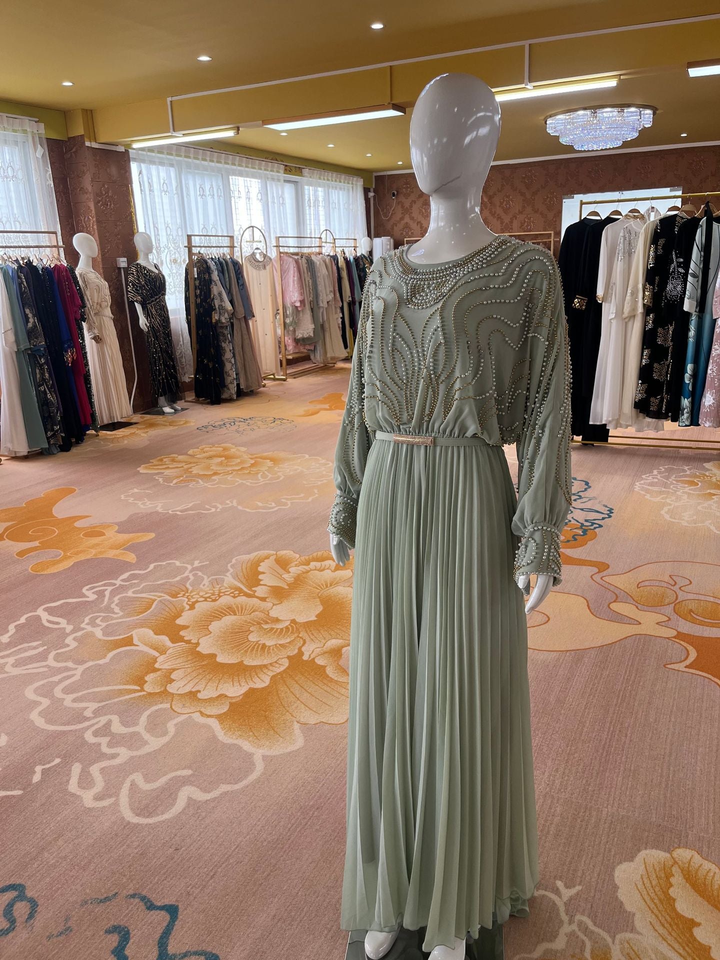 Handbeaded Pearl & Crystal Batwing Maxi Dress(MS529)