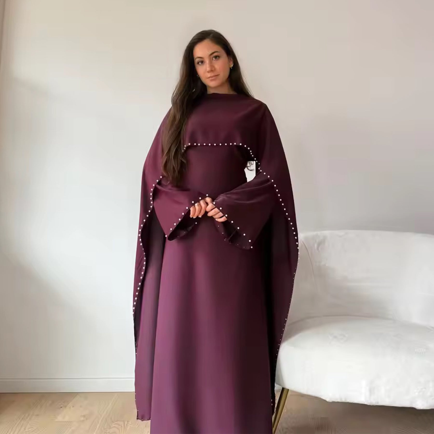 Pearl Embellished Kaftan Abaya | Luxury Cape Sleeve Maxi Dress(MA382)