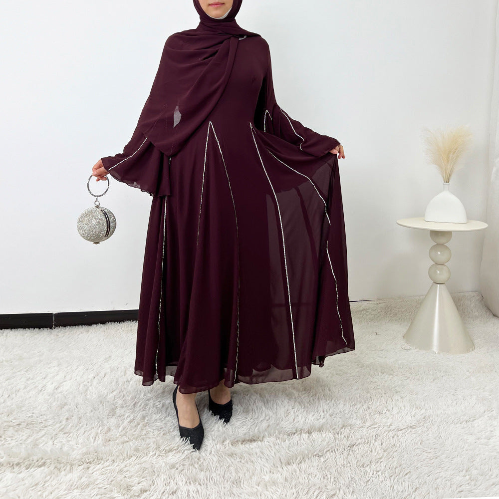 Elegant Chiffon Abaya Set with Hijab | Round Neck Bell Sleeve Maxi Dress with Rhinestone Trim(MA325)