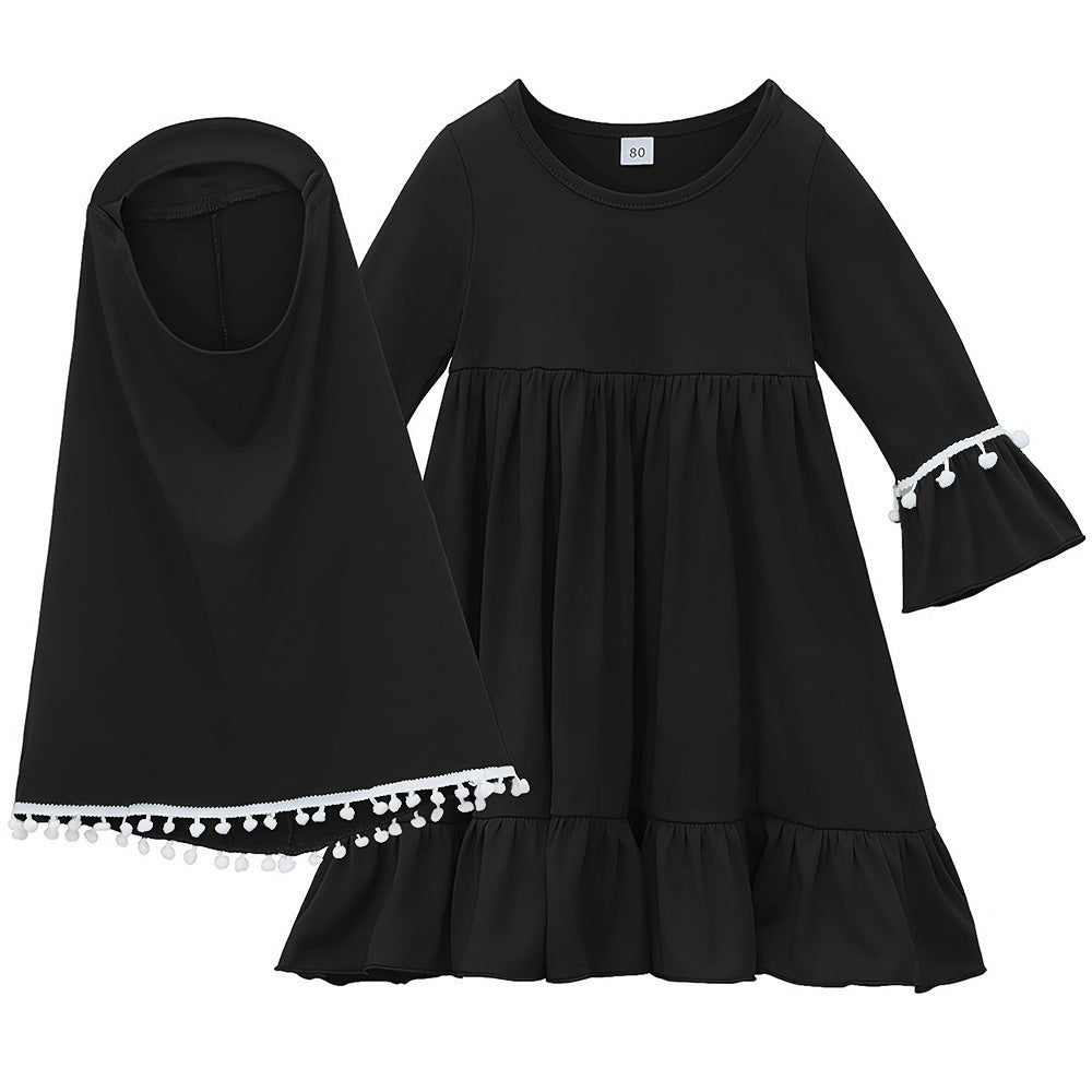 Girls Dress & Hijab Set with Pom-Pom Trim(MKG028)