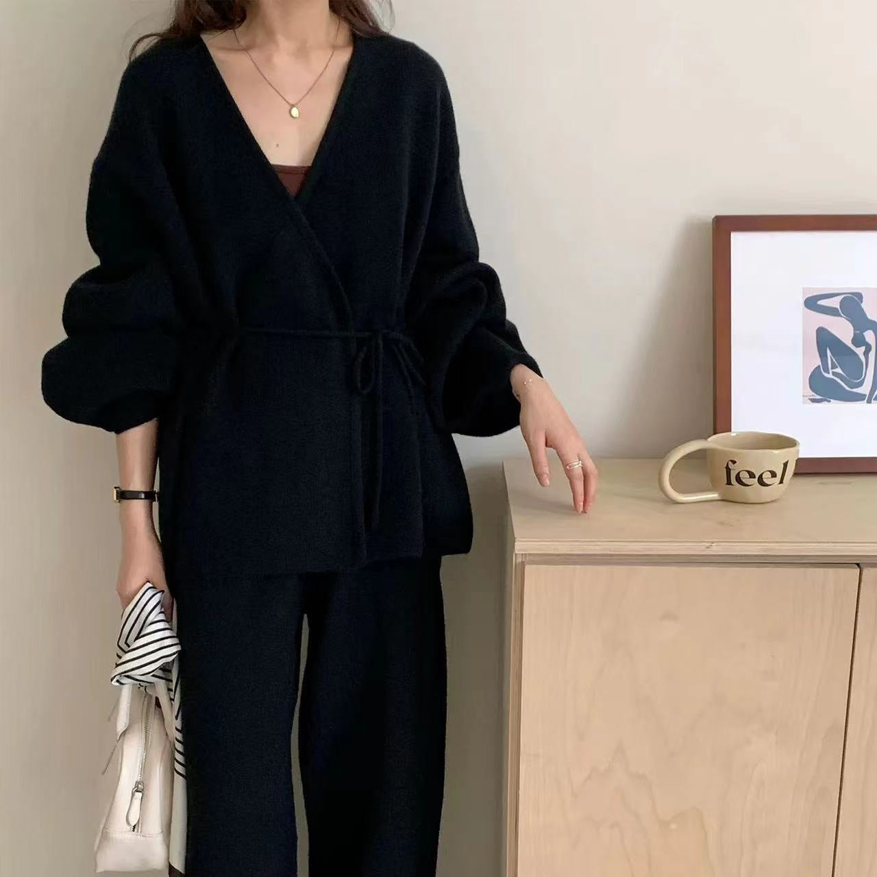 Ribbed Knit Wrap Top & Wide-Leg Trouser Two-Piece Set(MS531)