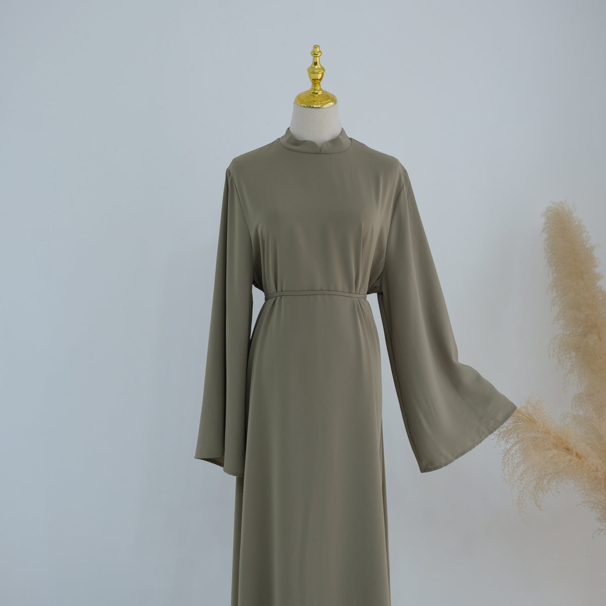 Stand-Collar Nida Maxi Dress | Long-Sleeve Belted Modest Dress(MA475)