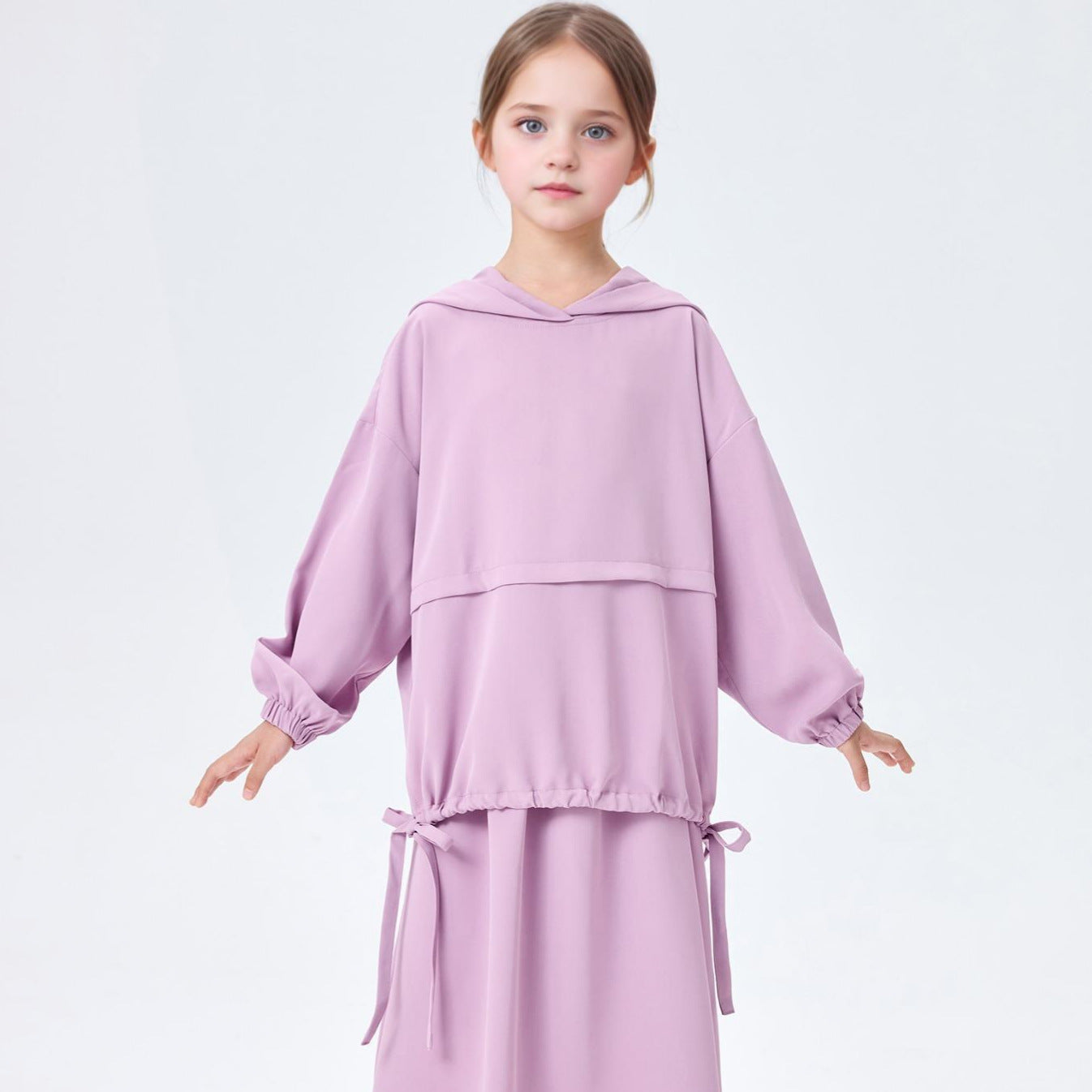 Girls Hooded Drawstring Top & Midi Skirt Two-Piece Set(MKG030)