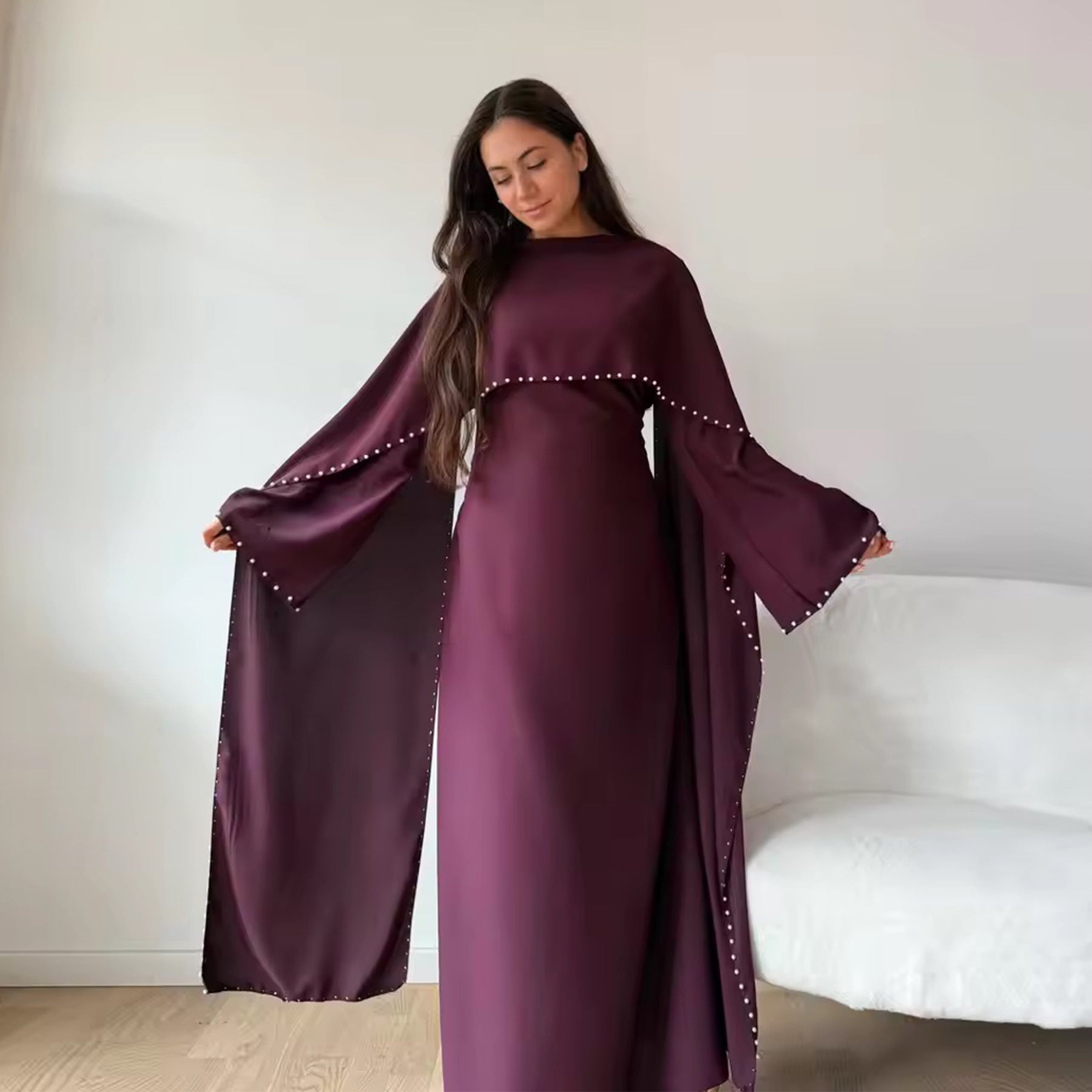 Pearl Embellished Kaftan Abaya | Luxury Cape Sleeve Maxi Dress(MA382)