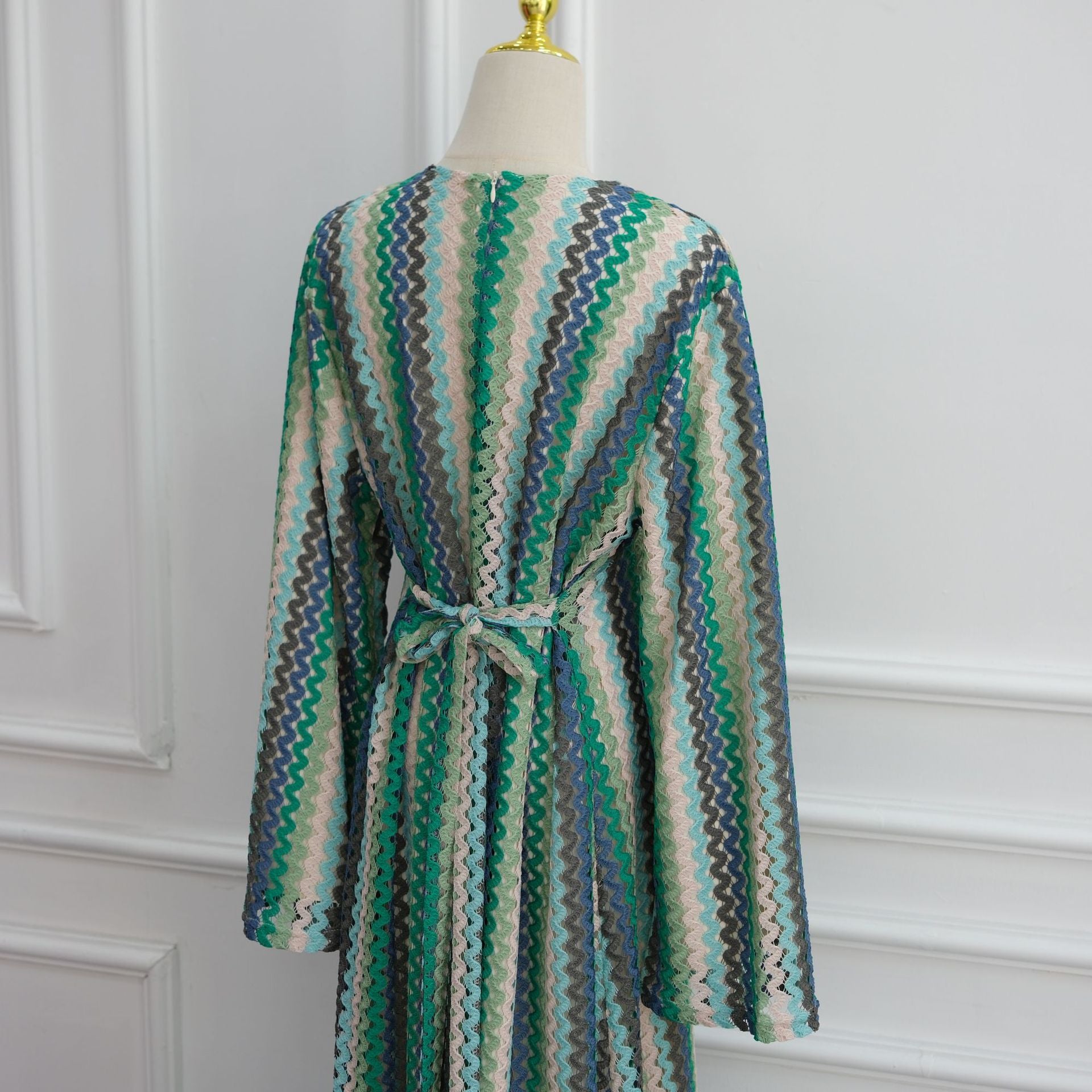 Rainbow Jacquard Flared-Sleeve Maxi Dress(MS486)