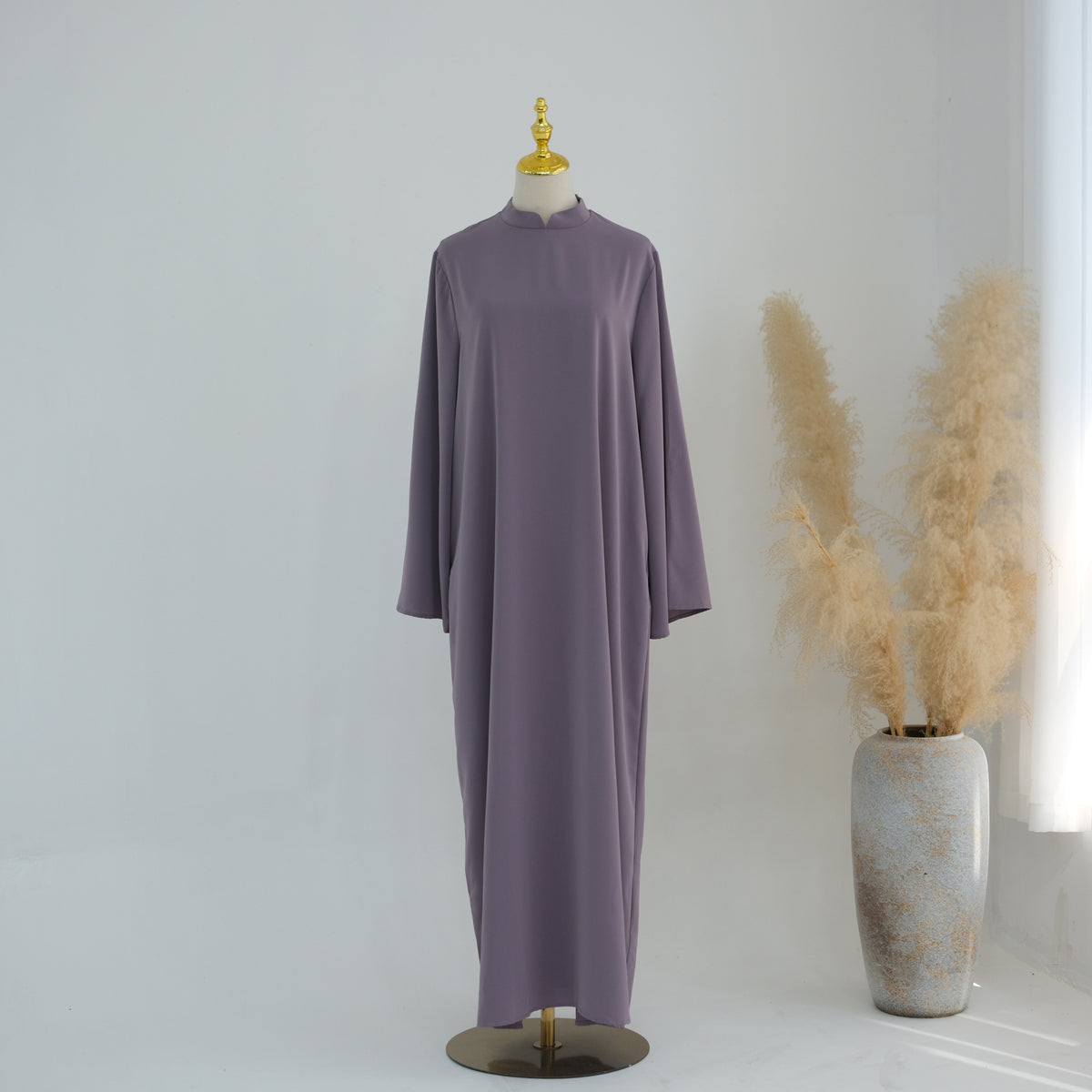Stand-Collar Nida Maxi Dress | Long-Sleeve Belted Modest Dress(MA475)