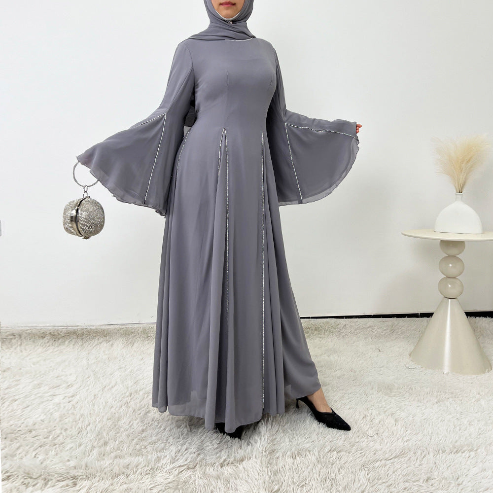 Elegant Chiffon Abaya Set with Hijab | Round Neck Bell Sleeve Maxi Dress with Rhinestone Trim(MA325)