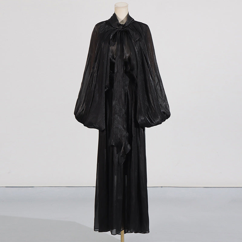 Balloon Sleeve Tie-Neck Maxi Dress(MS303)