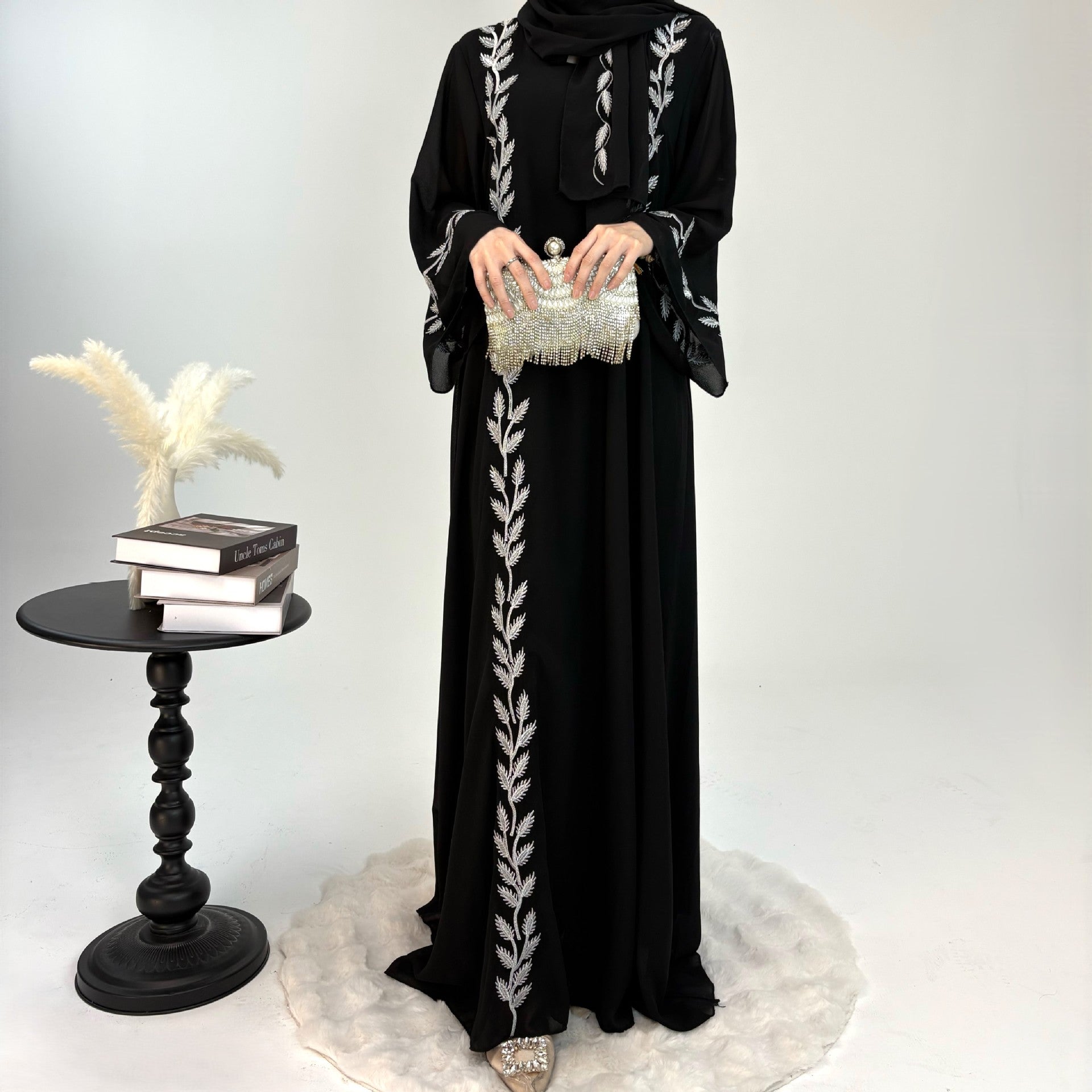 Embroidered Chiffon Bell Sleeve Pullover Maxi Dress Abaya with Matching Hijab 2-Piece Set(MA301)