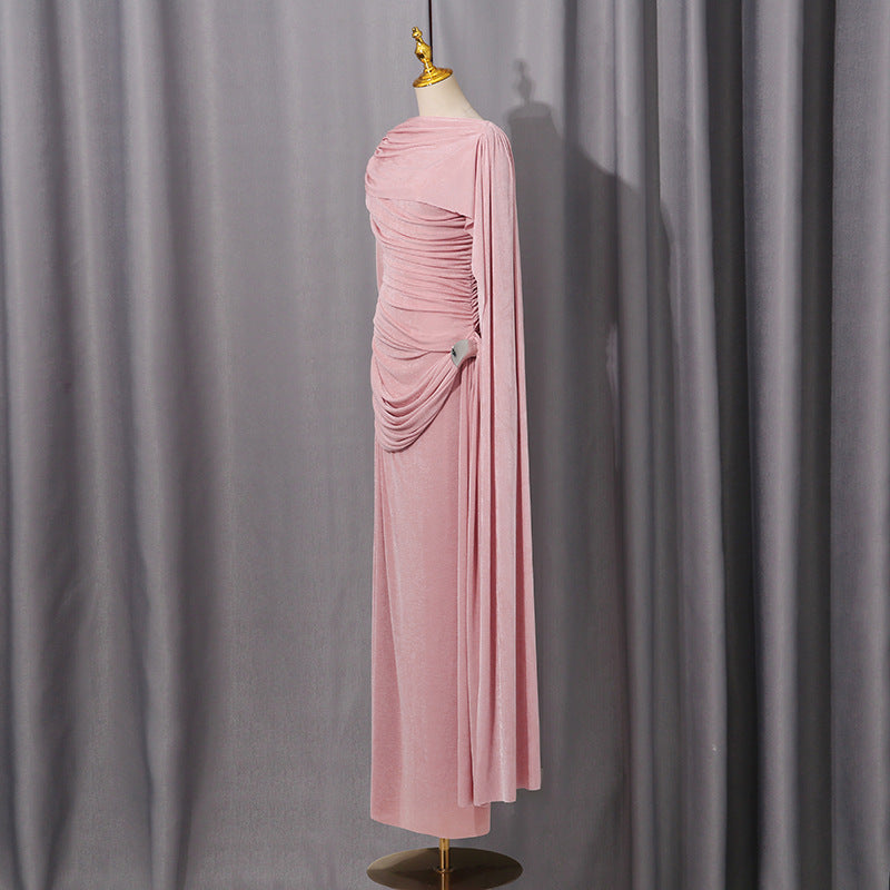 Diagonal Ruched Cape Gown | Asymmetric Draped Long Sleeve Maxi Dress(MS222)